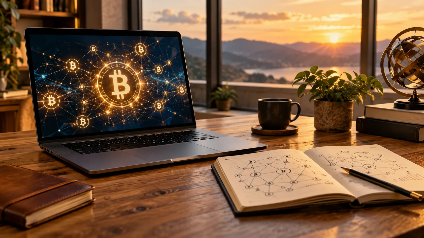 Equipo y cuaderno para estudiar cómo funciona Bitcoin