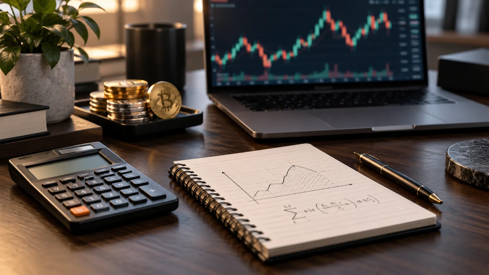 Cuaderno y calculadora para estimar el riesgo de una operación